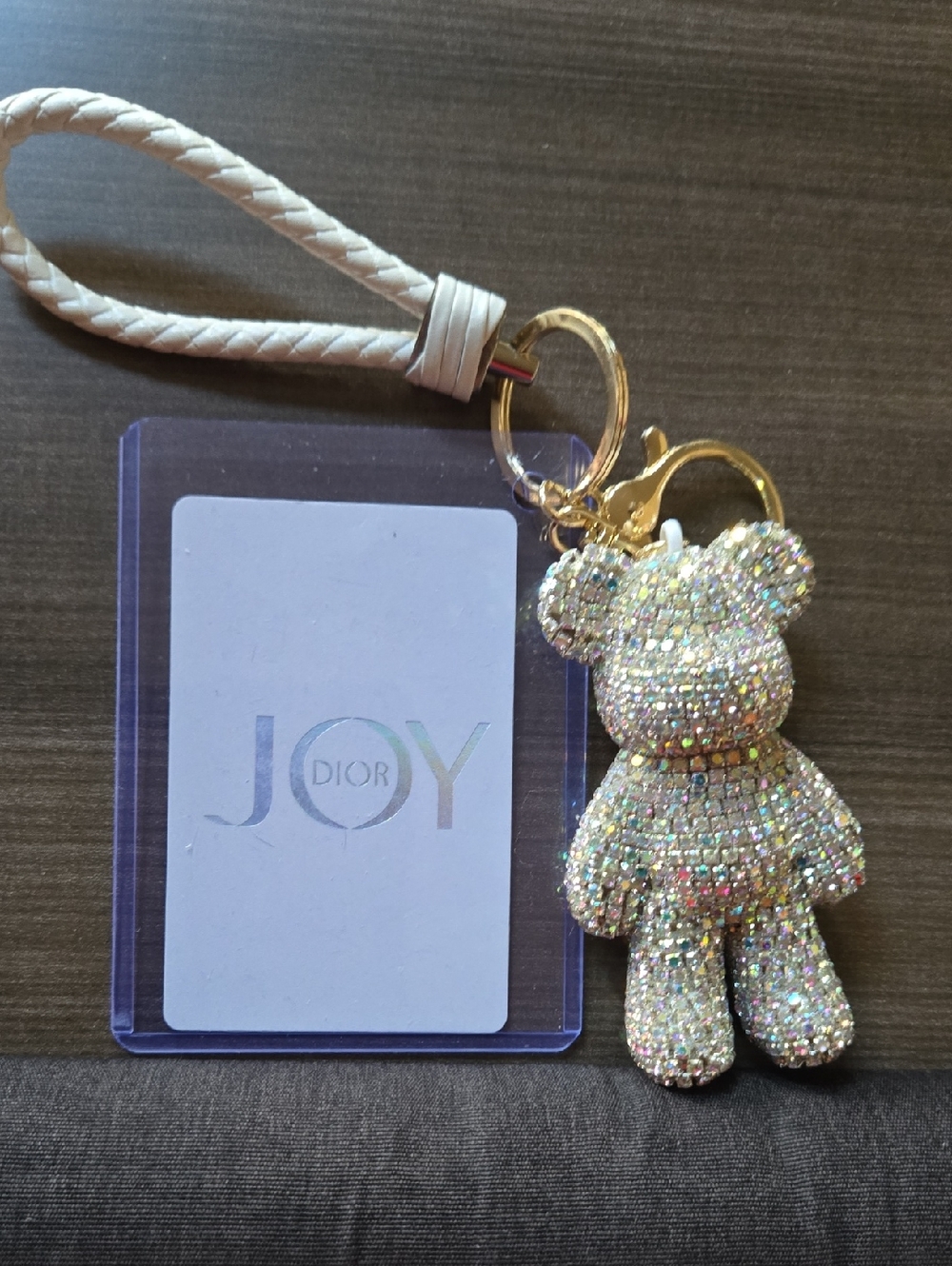 DIOR 6 OF HEART CARD w/ Rhinestone Teddy Bear Keychain with Cream Braided Strap